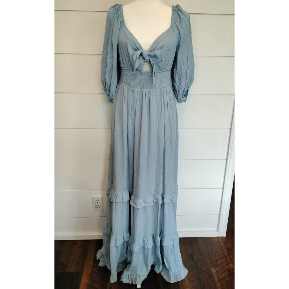 Mable Dress Womens Medium Maxi Vici Boho Puff Sleeve Flutter Light Blue